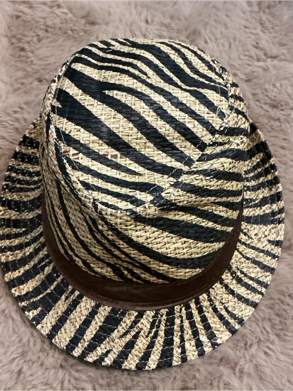 The Accessory Collective Zebra Print Woven Fedora Straw Hat Brown Faux Leather